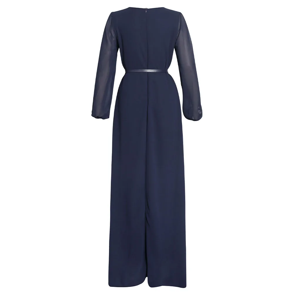 

Western Style Long Women's Dress 2021 Summer New Fashion Temperament Thin Solid Color Lace Round Neck Long Sleeve