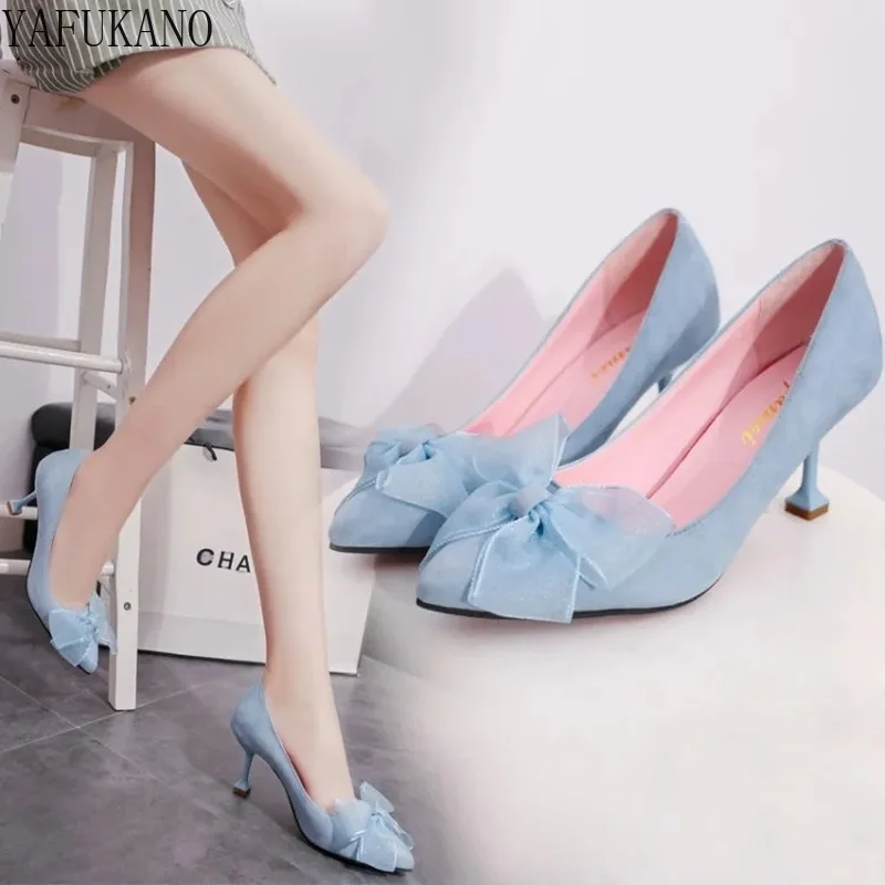 

Туфли женские замшевые с бантом, милые однотонные, с закрытым носком, на высоком каблуке, Вечерние Нарядные туфли-лодочки, розовые синие