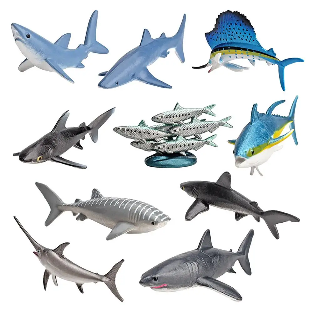 

10pcs Sea Ocean Life Simulation Animal Model Toys Shark Megalodon Hammerhead Shark Tiger Shark Action Figure Children Gifts