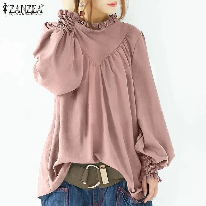 Женская винтажная Повседневная офисная рубашка ZANZEA 2023 Однотонная осенняя блузка