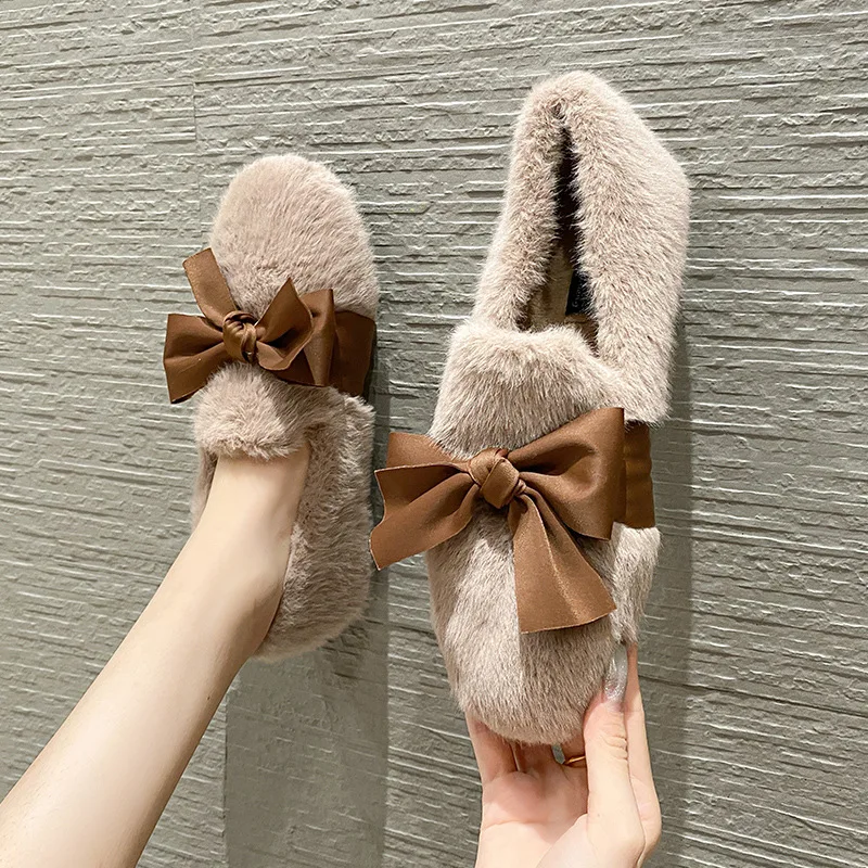 

Туфли женские с бантиком, основная обувь на резиновой подошве, Бабочка, овчина, мех, Бабочка, платье на плоской подошве