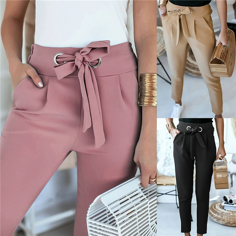 

England Style Women Summer Solid Color Pencil Pants Bandage Design Pockets Decor High Waist Slim Hips Trousers For Streetwear