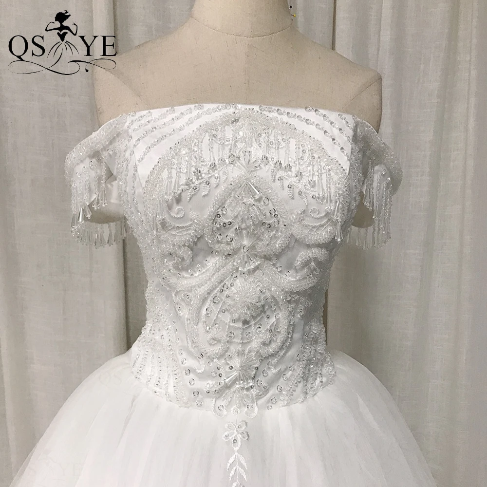 

Ivory Puffy Wedding Dresses Beading Crystals Bridal Gown Off Shoulder Bride Dress Lace Up Marriage Tulle Wedding Dresses Vestido