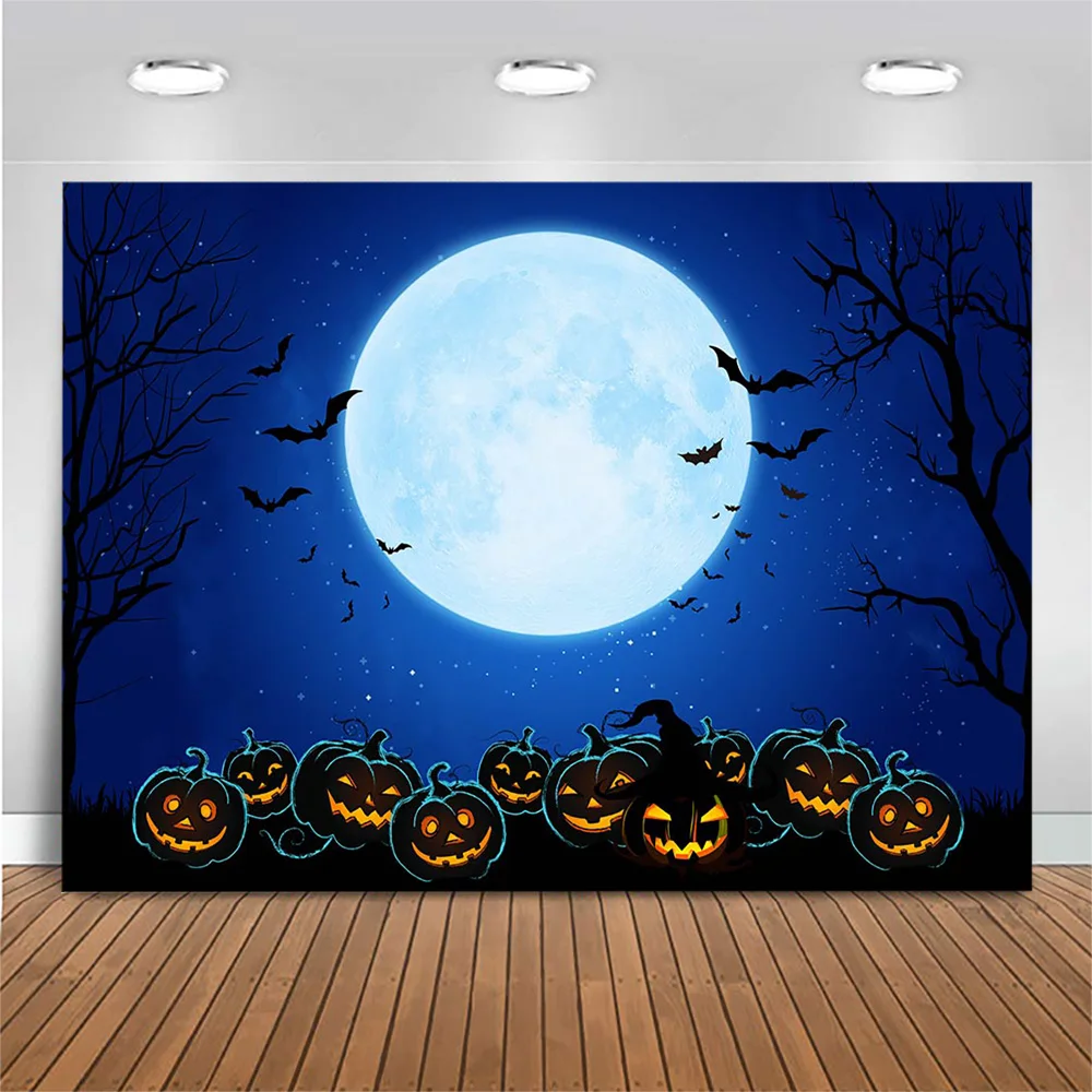 

MOCSICKA Full Moon Night Backdrop Photography Dark Pumpkin Bat Castle Halloween Theme Birthday Party Backdrops Decoration Studio