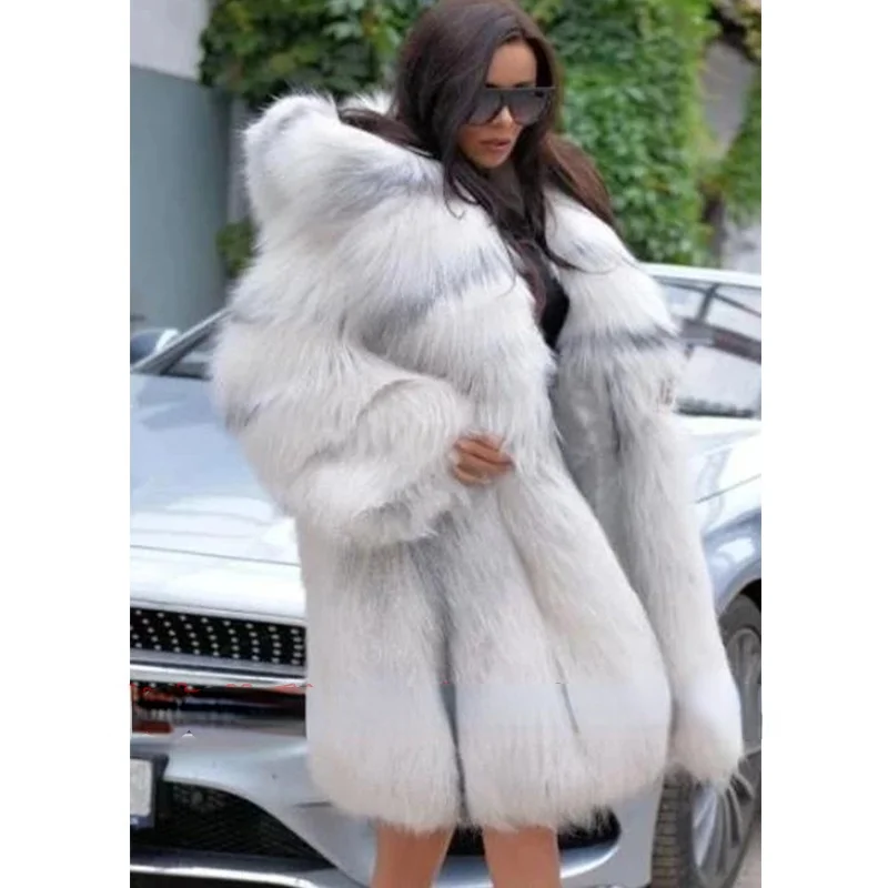 Winter Fashion Faux Fur Fox Hooded Coat women's mid-length Loose Warm Jacket For Woman S-XXXXL | Женская одежда