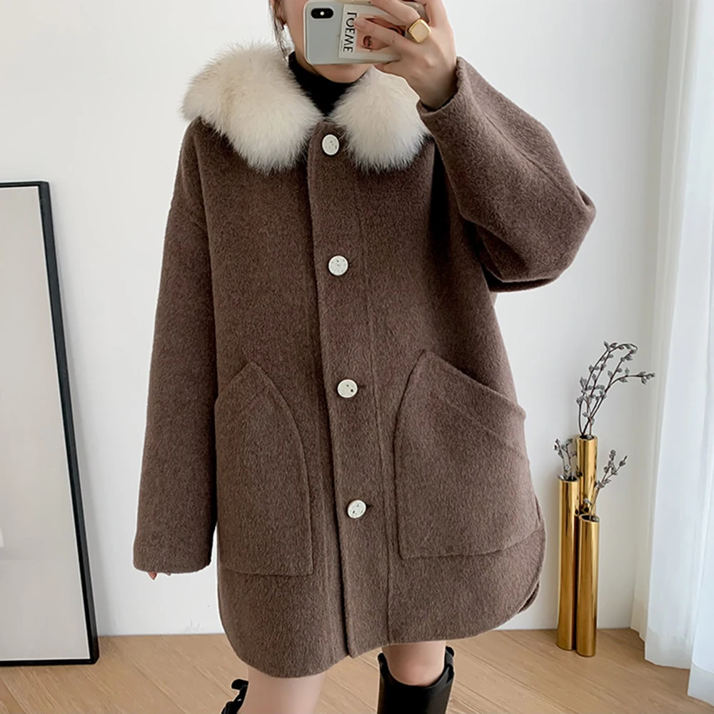 Женское зимнее шерстяное пальто с воротником из натурального Лисьего меха
