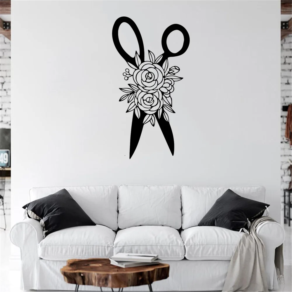 

Scissors Flower Wall Decal ,Sewing Tailor Shop Wallpaper Mural,Hairdressing Salon Interior Decor, Window Vinyl Stickers JC168