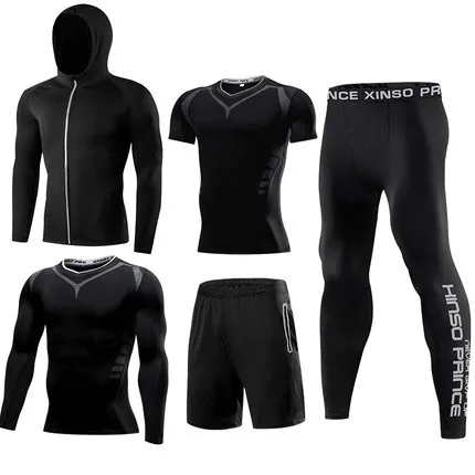 Fitness suit men's basketball tights training suit running gym fast dry spring and autumn five-piece set - Цвет: Оранжевый