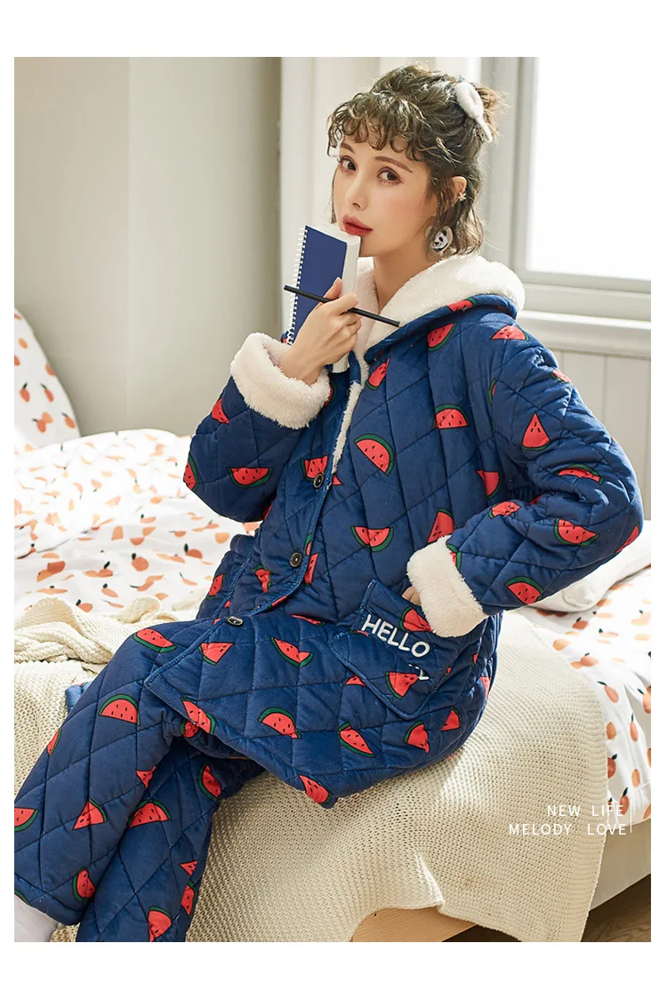 Fdfklak толстый теплый женский зимний пижамный комплект трехслойная стеганая