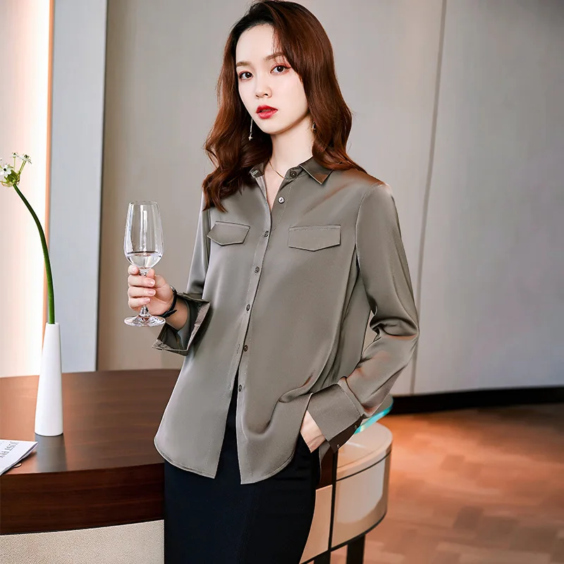 

Женская простая рубашка с квадратным вырезом и длинным рукавом, свободные деловые блузки на пуговицах, топы, однобортная Офисная Женская ру...