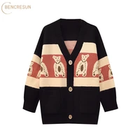 casual plus size womens knitted cardigan sweater retro bear pattern loose v tie pocket button lazy autumn and winter sweater