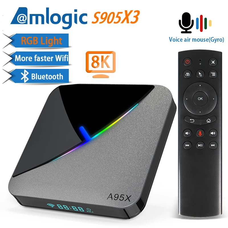 A95X воздуха RGB светильник Android 9,0 ТВ коробка 8K 4K Youtube Amlogic S905X3 Netflix, Wi-Fi, 2 ГБ, 4 Гб оперативной памяти, 16 Гб встроенной памяти, 32 ГБ, 64 ГБ, set top tv BOX