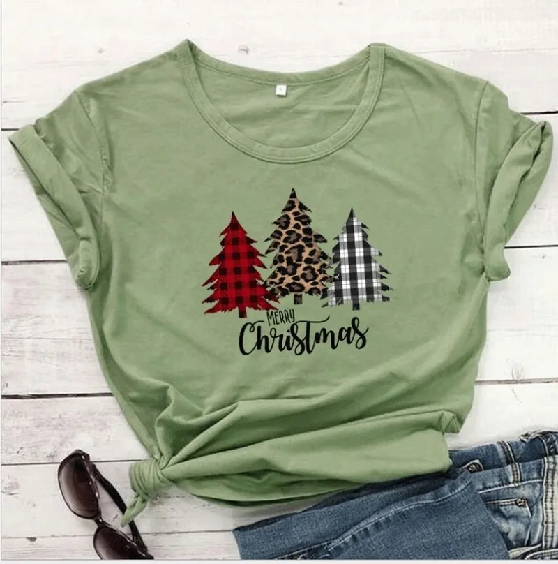 

100% Cotton Women T Shirt Merry Christmas Plaid Tree Printed Tshirt Ladies Short Sleeve Tee Shirt Women Female Tops Clothes