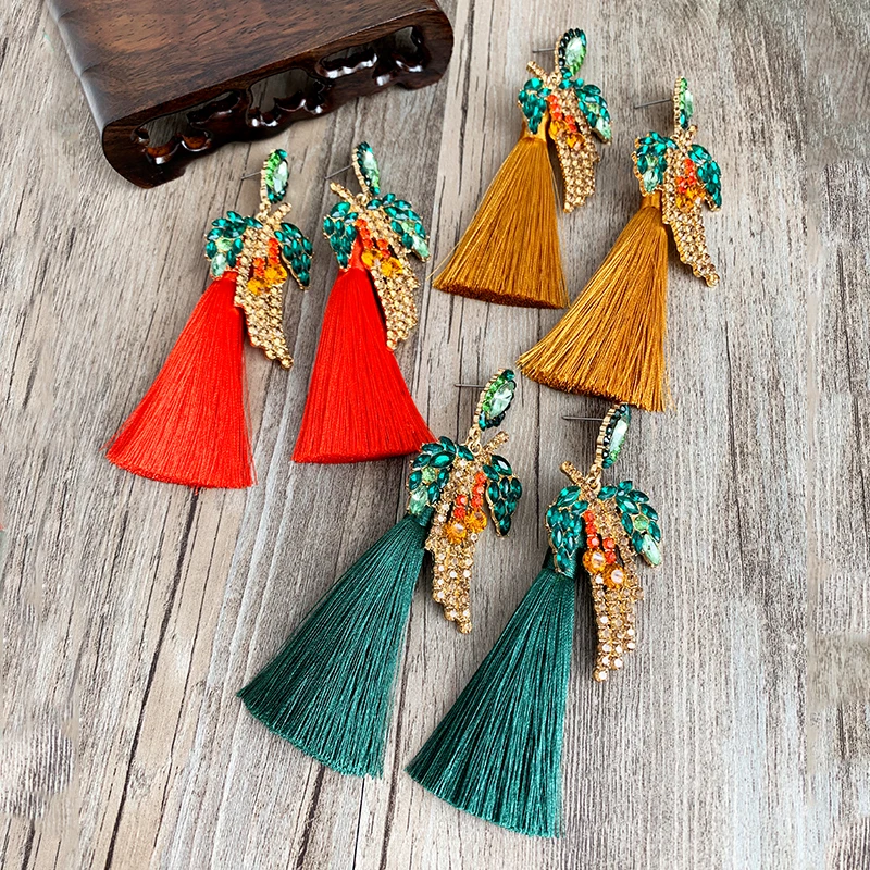 Висячие серьги с зелеными хрустальными листьями Длинные ручные кисточками и