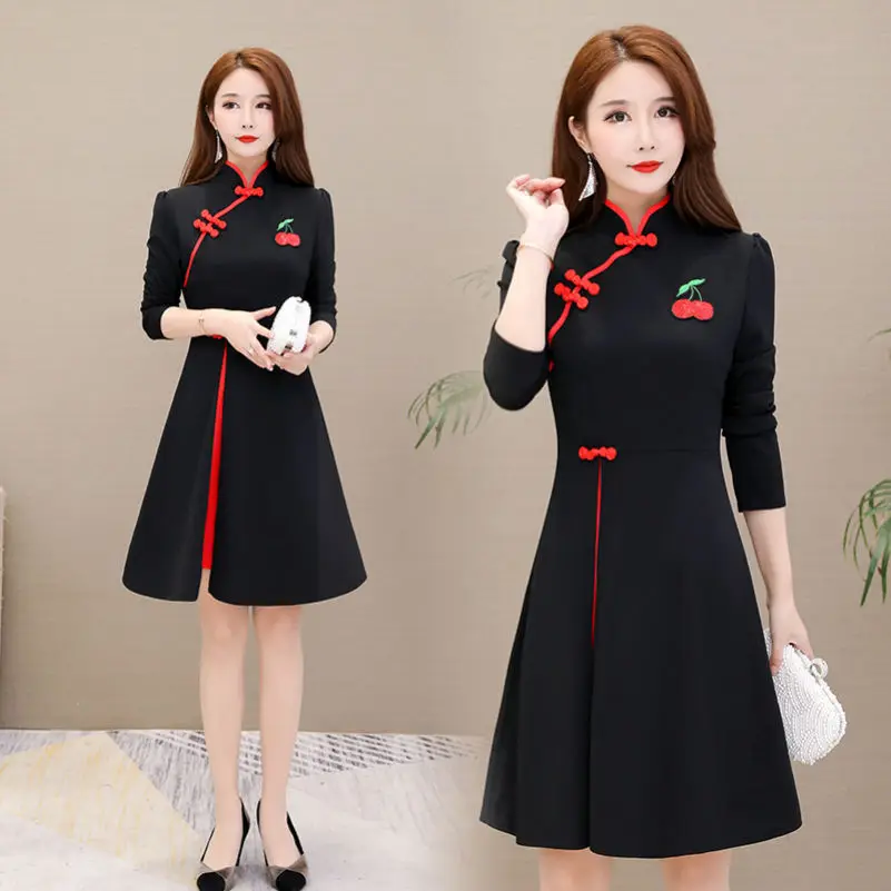 

Spring and summer 2021 Chinese style cheongsam long sleeve large size dress slim fitting women's wear