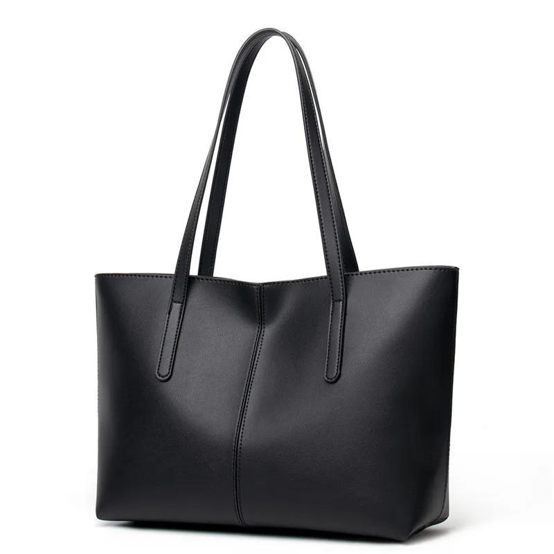 

New retro female bag explosion models hand stitching bag large capacity shoulder bag solid color leather bag black tote bag