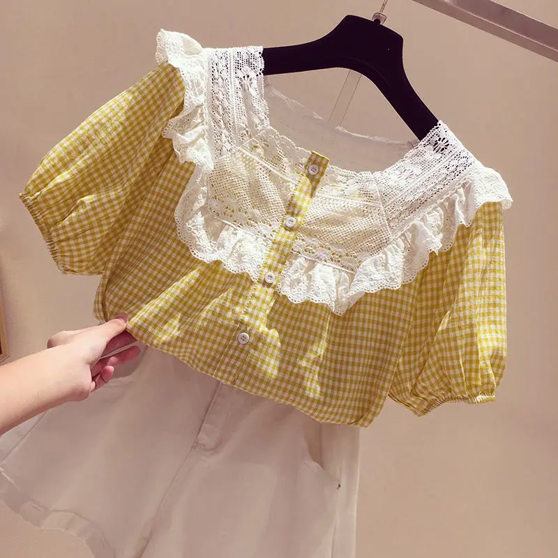 

2021 New Fashion Women Casual Sweet Plus Size Shirt Tops Ladies Loose Short Puff Sleeve Square Collar Elegant Women Blouses L270