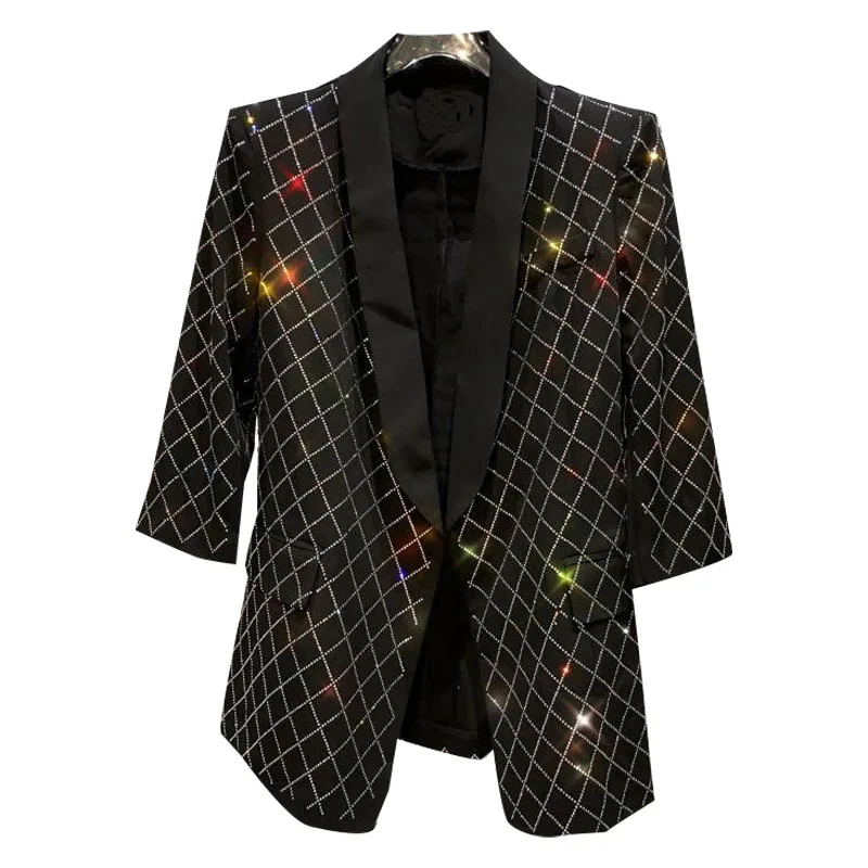 

2021 Summer New Diamond Lattice Rhinestone Rhinestone Rhinestone Half Sleeve Thin Business Suit Coat Top