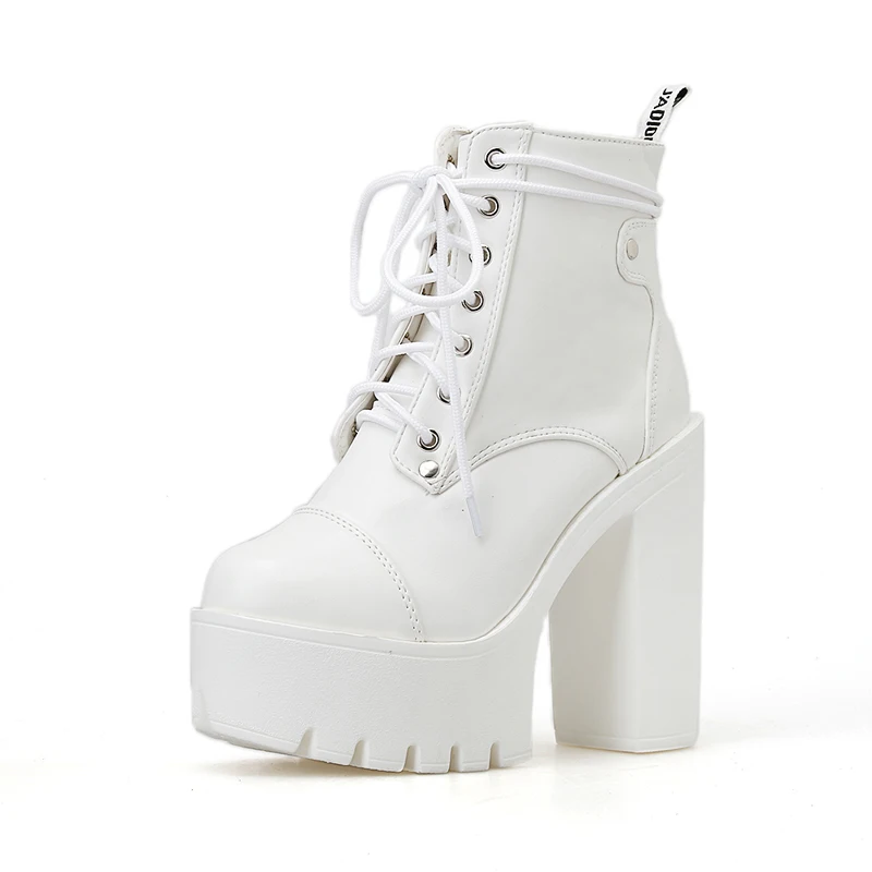 

Lace Up Cross Tied Platform High Heels Ankle Boots for Women White boots Black Block Heel Shoes Punk Gothic Combat Boots