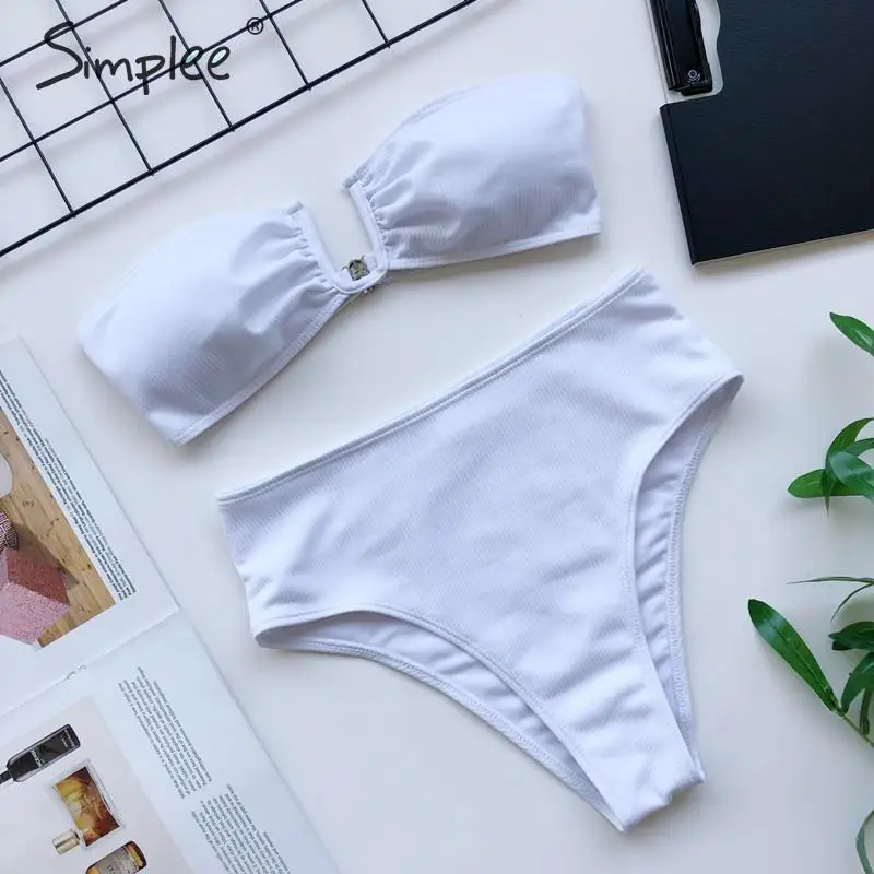 Simplee винтажный однотонный комплект бикини с высокой талией плиссированный