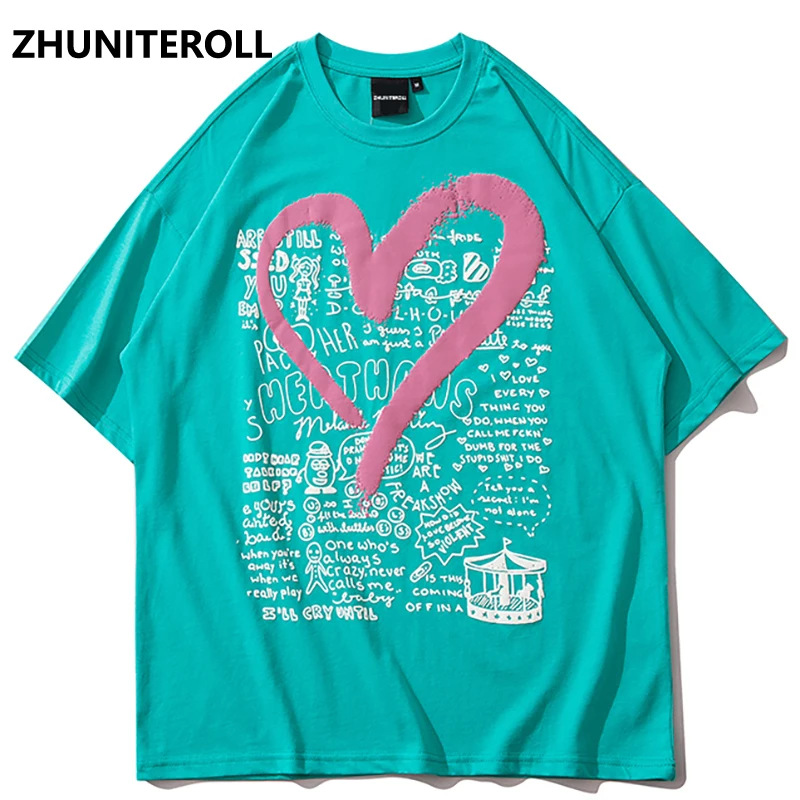 

Heart Letter Hip Hop Men Tshirt Streetwear Graffiti Print T Shirt Summer Short Sleeve T-Shirt Harajuku Cotton Shirt Clothing