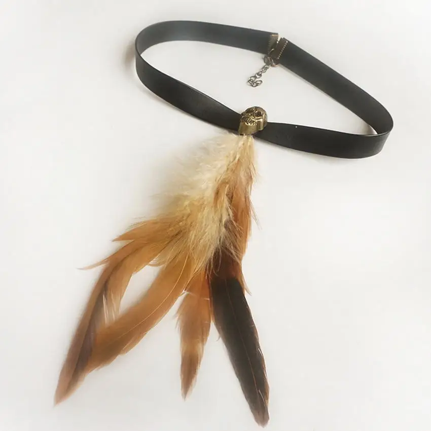 Новинка 2021 уникальное кожаное ожерелье-цепочка с длинным перьем в виде черепа