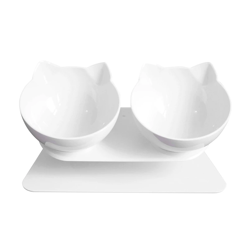 

Pet Cat Double Bowls Dog Feeding Device Indoor Cat Ears Plastic Tilted Feeder Tableware Pets Food Plate For Cats Easy To Clean