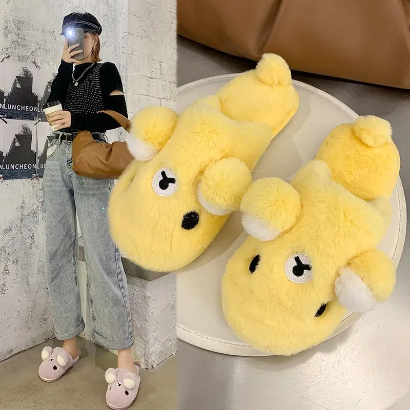 

2021 Cute Girl Heart Cartoon Baotou Furry Slippers Female Flat Bottom Wear Lazy Slippers Outside Home Furry Slides for Women