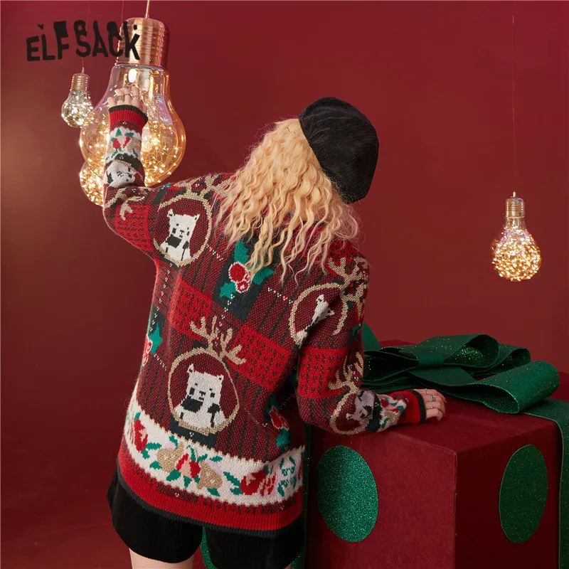 ELFSACK Christmas Bear jacquard Casual Knit Pullover Women Sweaters,2021 Winter ELF Vintage Full Sleeve,Korean Ladeis Daily Tops