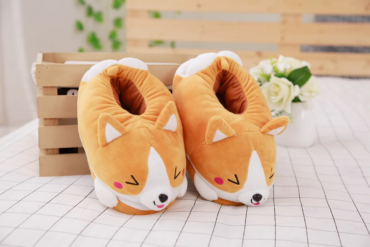Lovely Corgi Shoes Heeled Cartoon Animals Dog Slippers Plush Indoor Floor Shoes Anti-slip Girls Ladies Friend Gift