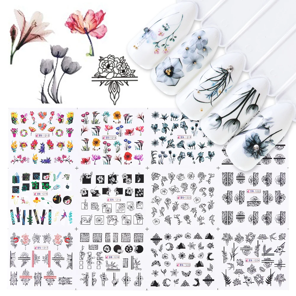 12 шт. Водные Наклейки для ногтей акварельные чернила кружевные цветы полый