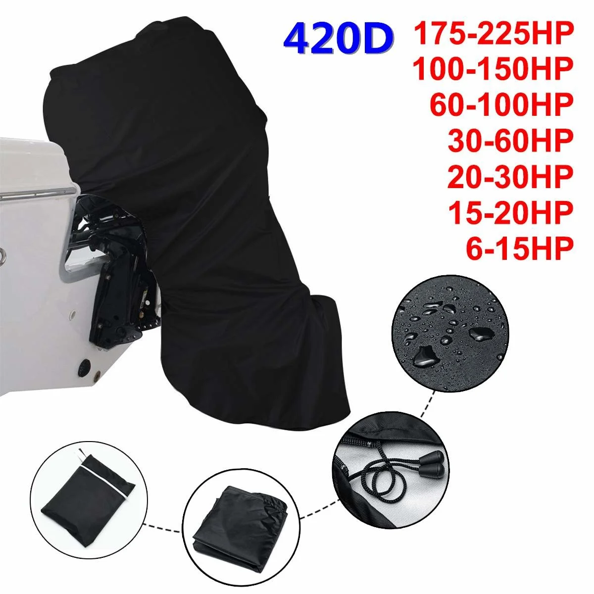 

6-225HP 420D Black Marine Full Outboard Engine Cover Waterproof Sunscreen Barco Boat Outboard Motor Dustproof Protect Canvas