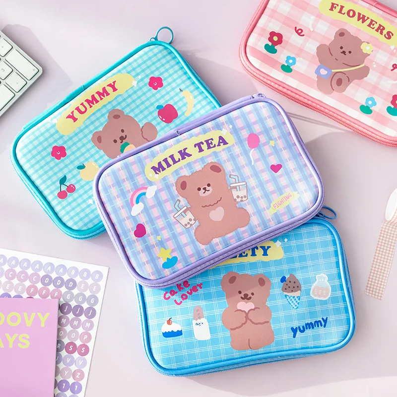

Korean cartoon cocoa bear cake bag cute Pu large capacity student zipper pen bag girl makeup bag storage bag pencil case kawaii