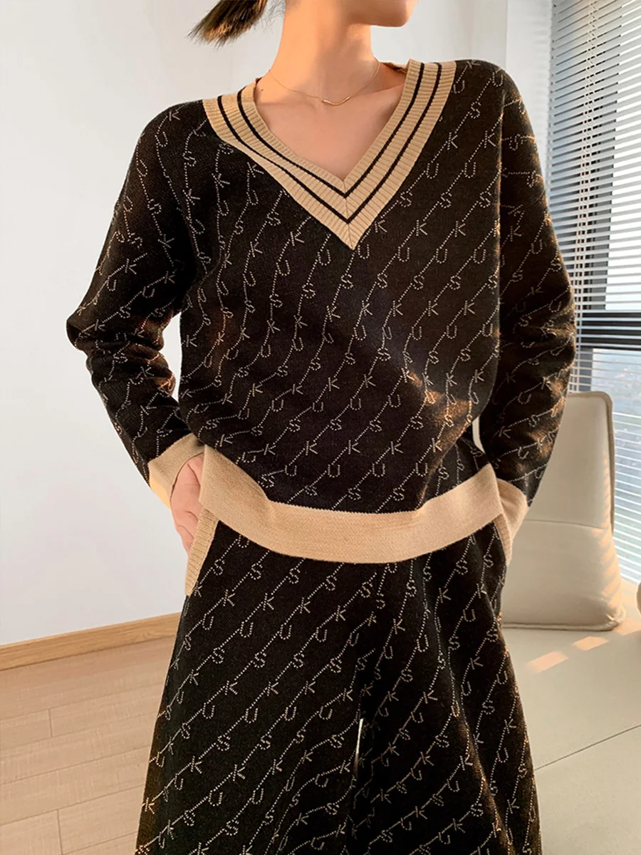 

"women Special Offer V-neck Full 's Knitted Suit Double - Sided Jacquard Sweater And Wide Legs Pants 2 Piece Set 2020 New Wool