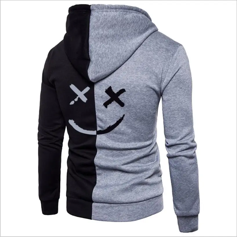 

Men's casual hooded sweatshirt male pullover tops zipper smiling faces printed drawtring hoodie large size streetwear