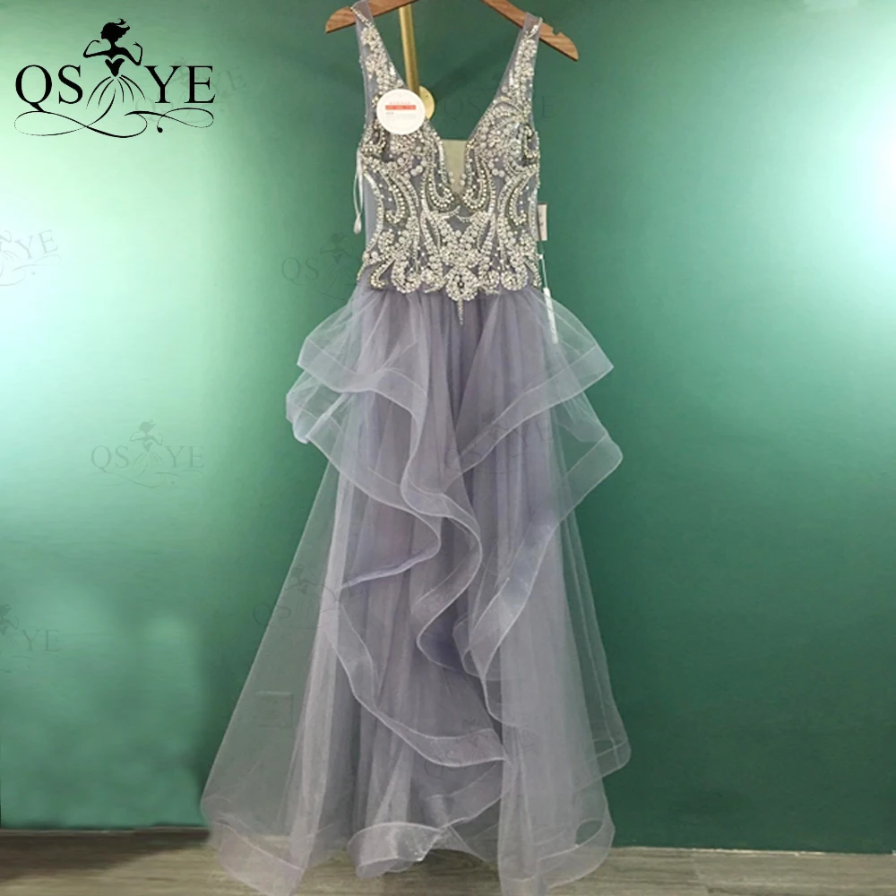 

QSYYE High Quality Grey Blue Prom Dresses Ruffles Skirt Tulle Luxury Pearls Beadings Long Evening V Neck Party Dress A Line