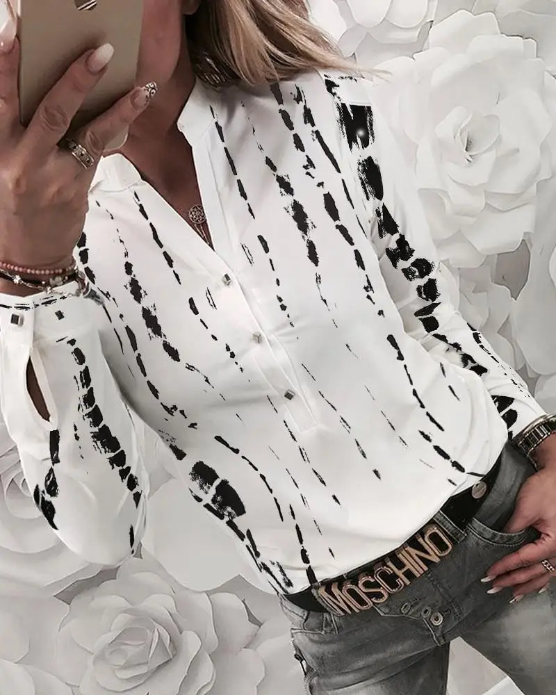 

2019 New Women's Shirt Casual Spring Autumn V-neck Striped Long Sleeve Elegant Blouse Plus Size