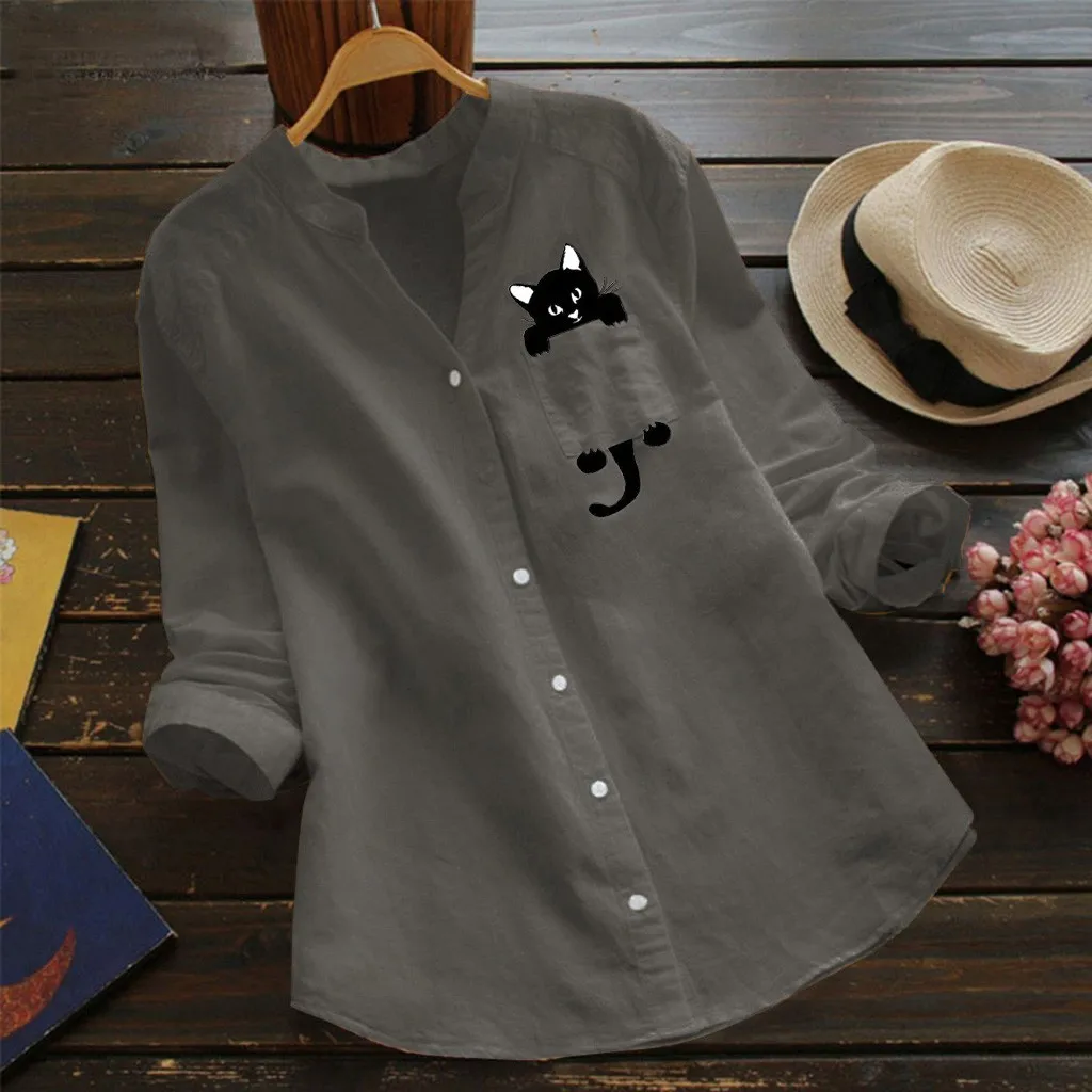 Women Shirt Cat Printed Pocket Cotton Linen Blouse V- Neck Casual Long Sleeve Shirt Button Down Top Clothes Chemise Femme 2021 5
