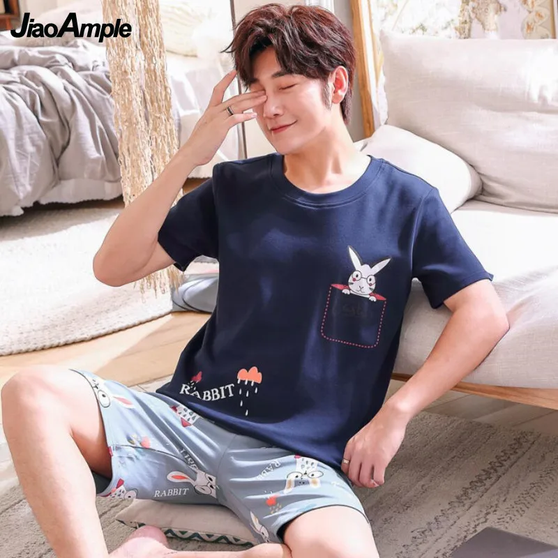 2022 New Cotton Pajamas Men's O-Neck Short-Sleeved Pyjamas Suit Summer Thin Casual Sleepwear Nightie Boy Home Clothes