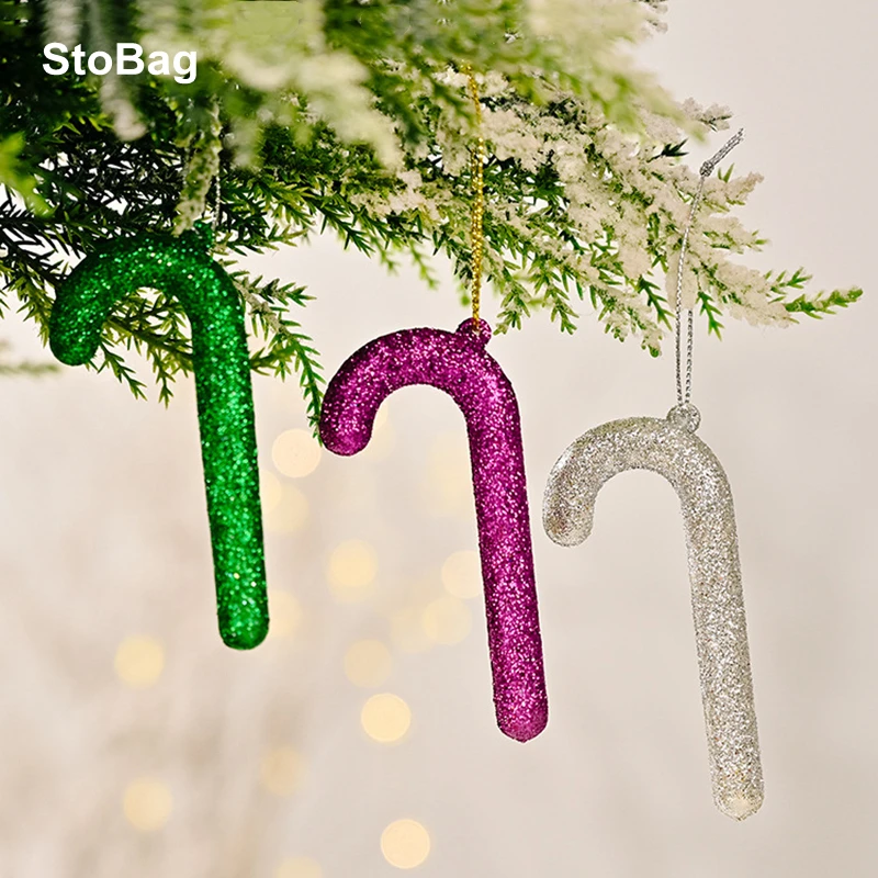 

StoBag 9x4cm Christmas Tree Hanging Glitter Crutches New Year Gift Box Decoration Favors Ornaments For Home Party Supplies
