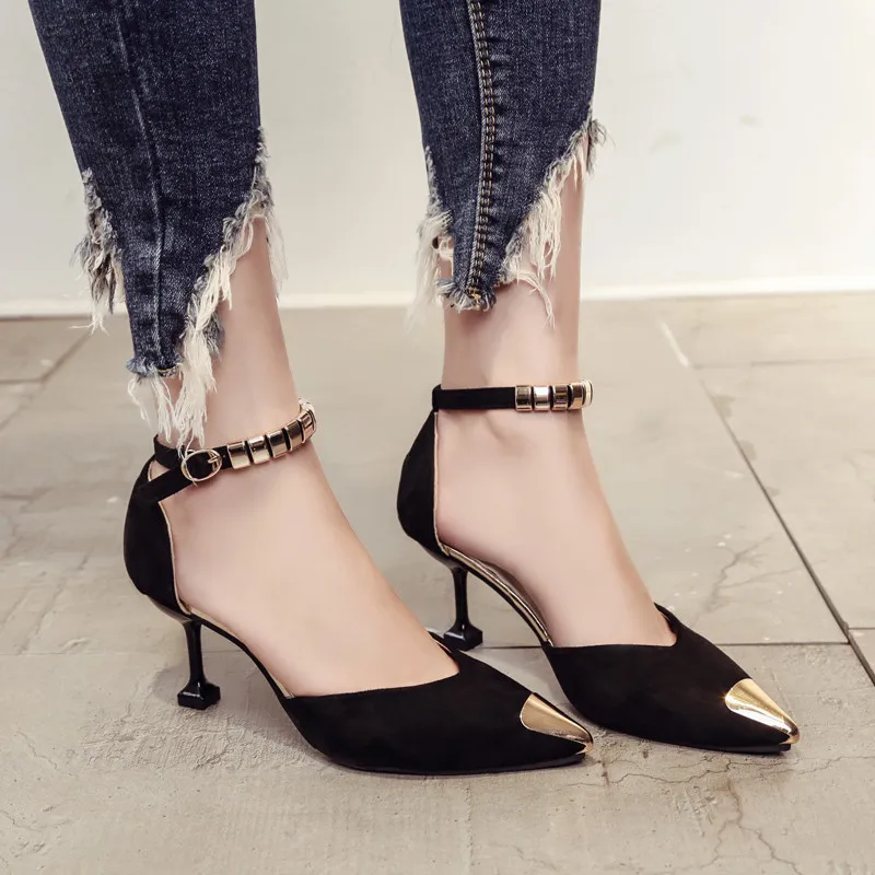 

Pointed Suede High Heels Sandals women 2019 Autumn Summer shoes women Fashion Metal Decoration sandals Buckle Sweet Party Shoes