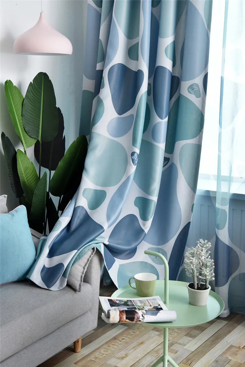 Blue Cobblestone Printed Curtains Shading Fabrics for Living Room Modern Yellow Blackout Curtains Water Ripple Curtain WP419#20
