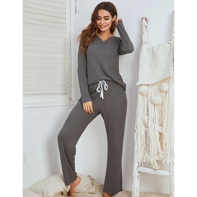 Ladies Soft Pajamas Casual Long-sleeved Trousers V-neck Home Service Suit Long Sleeve Nightgown Women Pajamas Sleepwear Set