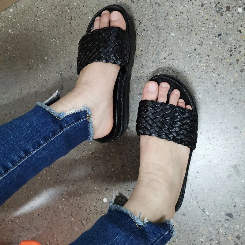 

Summer Slippers Fashion New Women Sandals Solid Color Open Toe Woven Sandals Heel Thick Sandals Outdoor Beach Women's Sandals