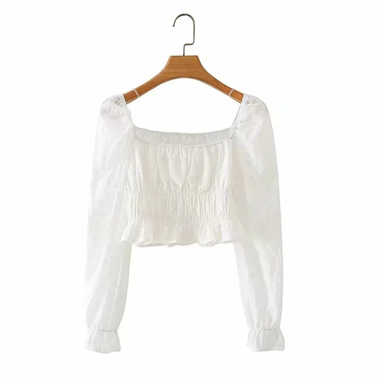 

Spring and Autumn New Women's wear retro style, casual and versatile temperament, square collar shirt, fashion hollow out chest