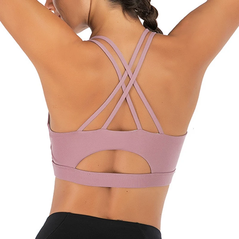 

Sports Bras Women Fitness wear Strappy Gym Bra With Removable Sponge Pad Running Jogging Athleisure Crop Top Brassiere for femme