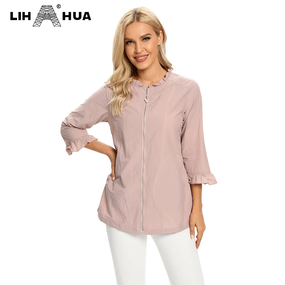 

LIH HUA Women's Plus Size Windbreaker Mid-Length Round Neck Jacket Spring And Autumn Loose Zipper Windbreaker