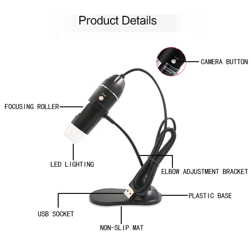 1000X HD Digital USB Microscope Handheld Portable Digital Microscope USB Interface Electron Microscopes with 8 LEDs with Bracket