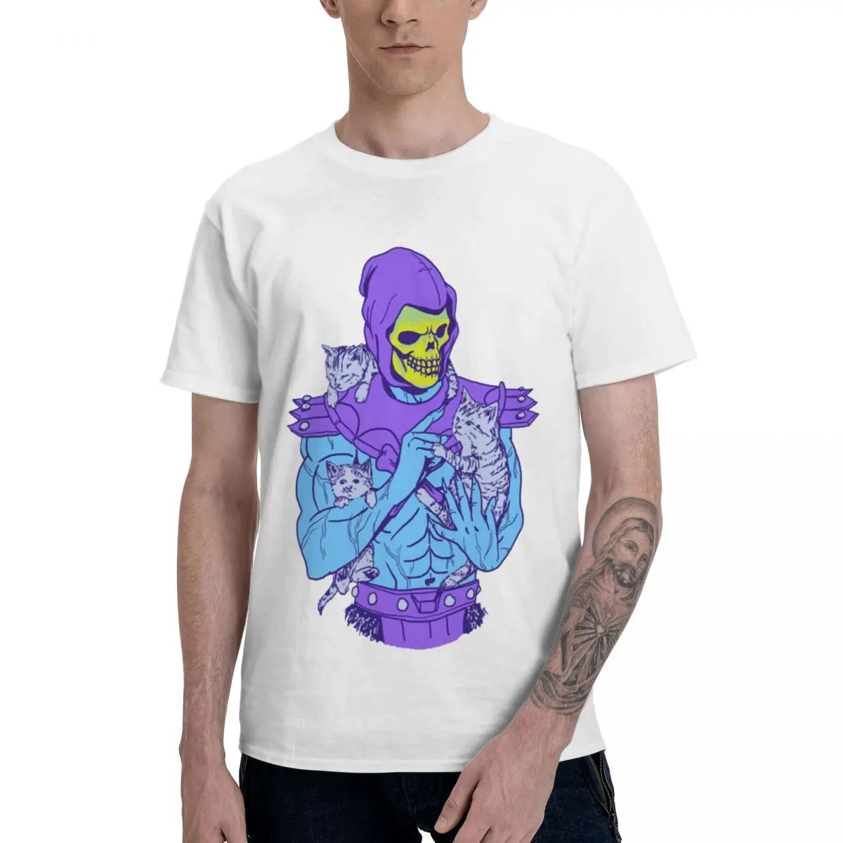 

Skeletor, Masters Of The Meowniverse T-Shirts Pure Cotton Crewneck Men T Shirt Short Sleeve Oversized Casual Tee Hoodie