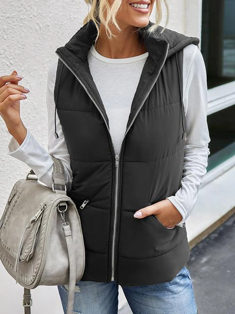 Zip Up Hooded Vest Coat Women Autumn Parka Quilted Waistcoat Stand Collar Sleeveless Casual Outerwear Plus Size Puffer Jacket